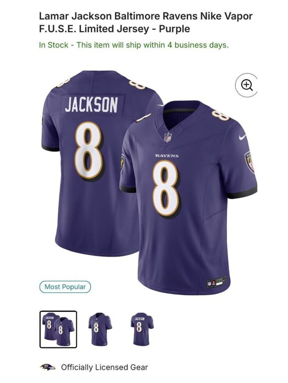 Lamar Jackson Baltimore Ravens Nike Vapor F.U.S.E. Limited Jersey - Purple